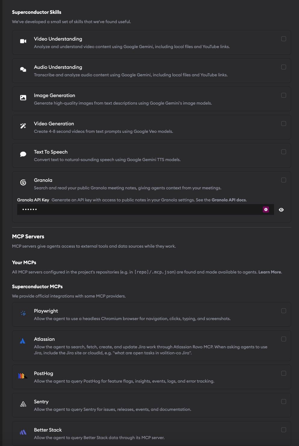 Skills and MCPs overview in Project Settings showing Superconductor Skills and MCP Servers