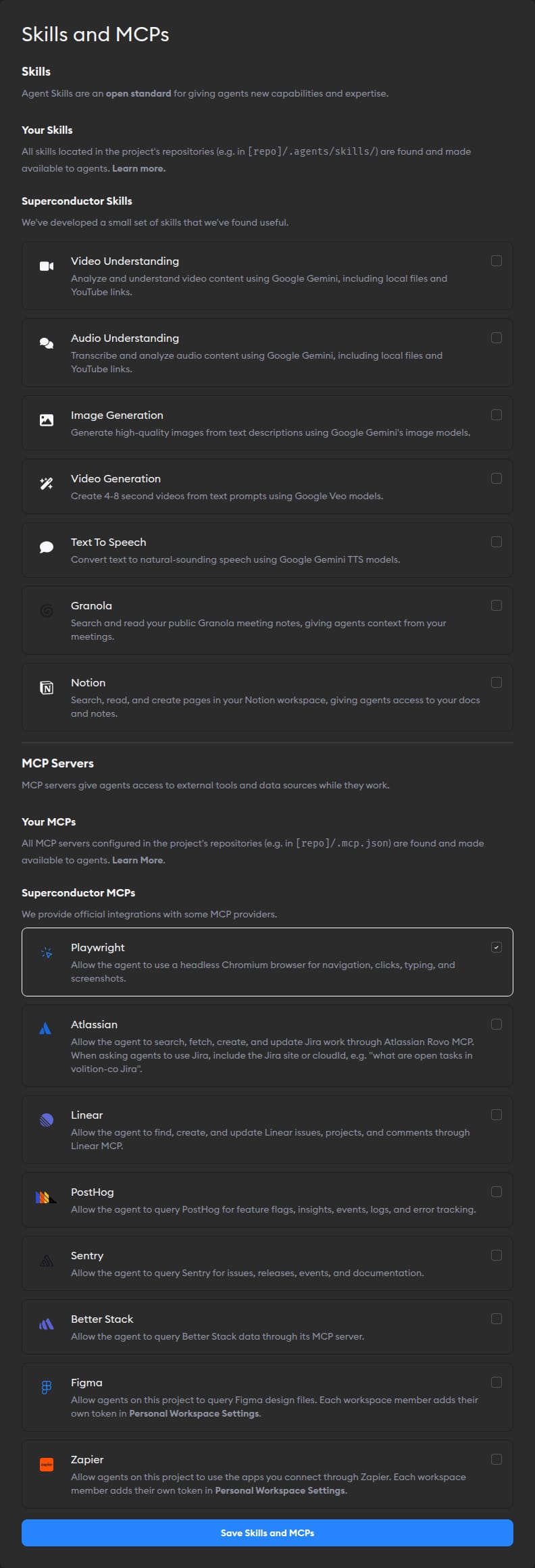 Skills and MCPs page in Project Settings showing Superconductor Skills and MCP Servers, including Zapier