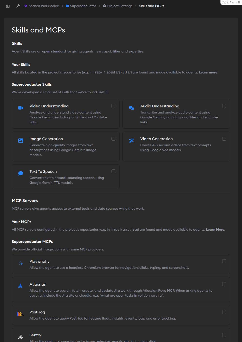 Skills and MCPs overview in Project Settings