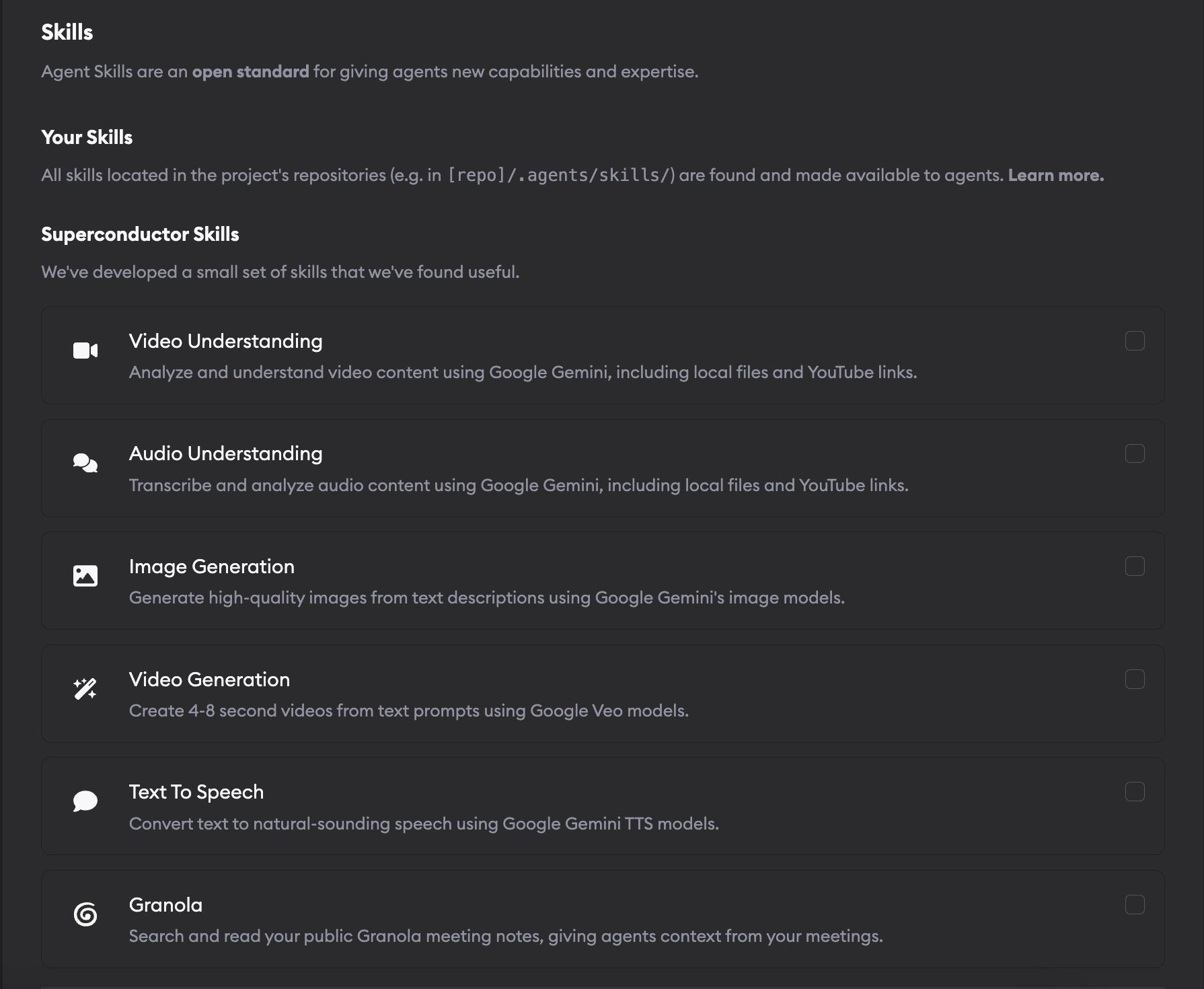 Skills section of Project Settings showing repo-defined skills guidance and Superconductor-provided skill toggles including Granola