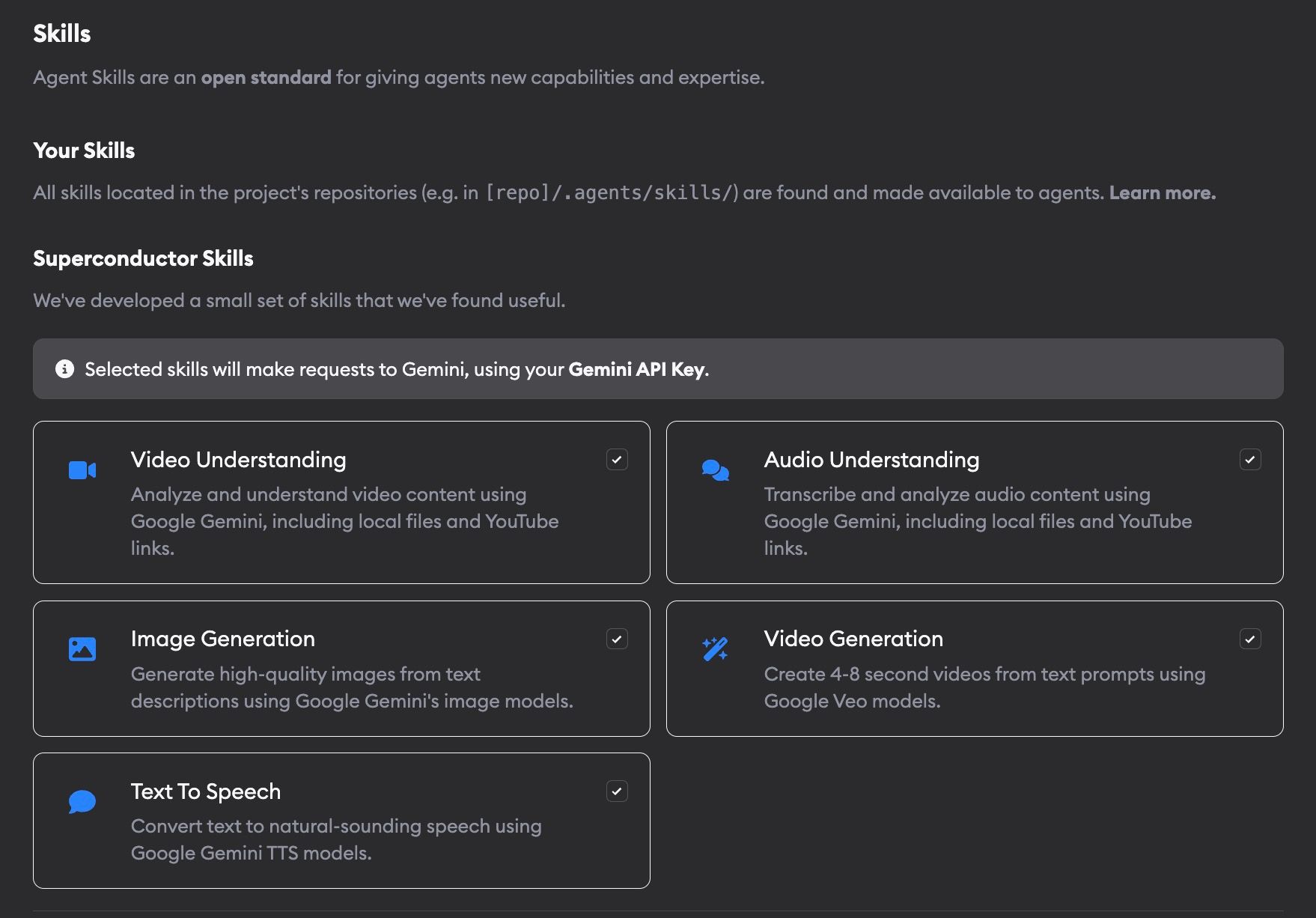 Skills section of Project Settings showing repo-defined skills guidance and Superconductor-provided skill toggles