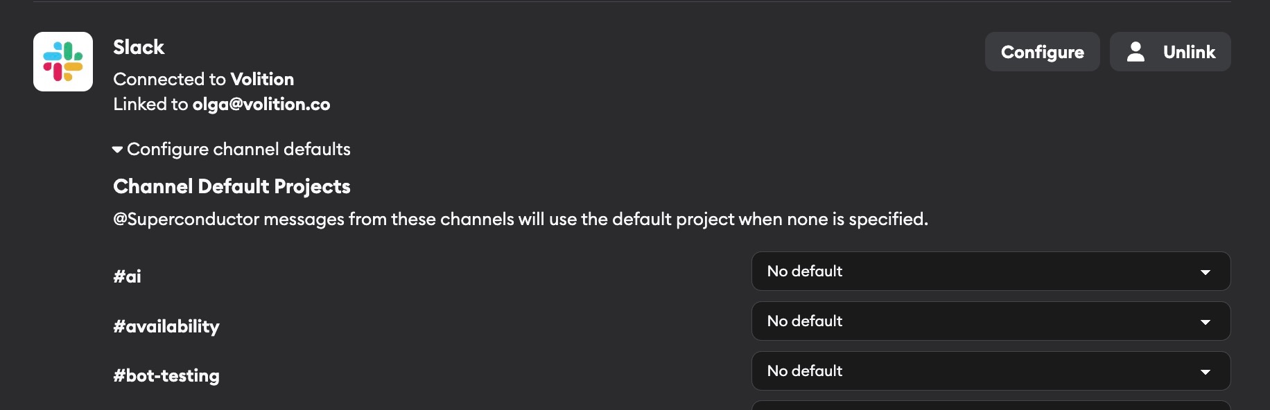 Channel default projects configuration in Workspace Settings