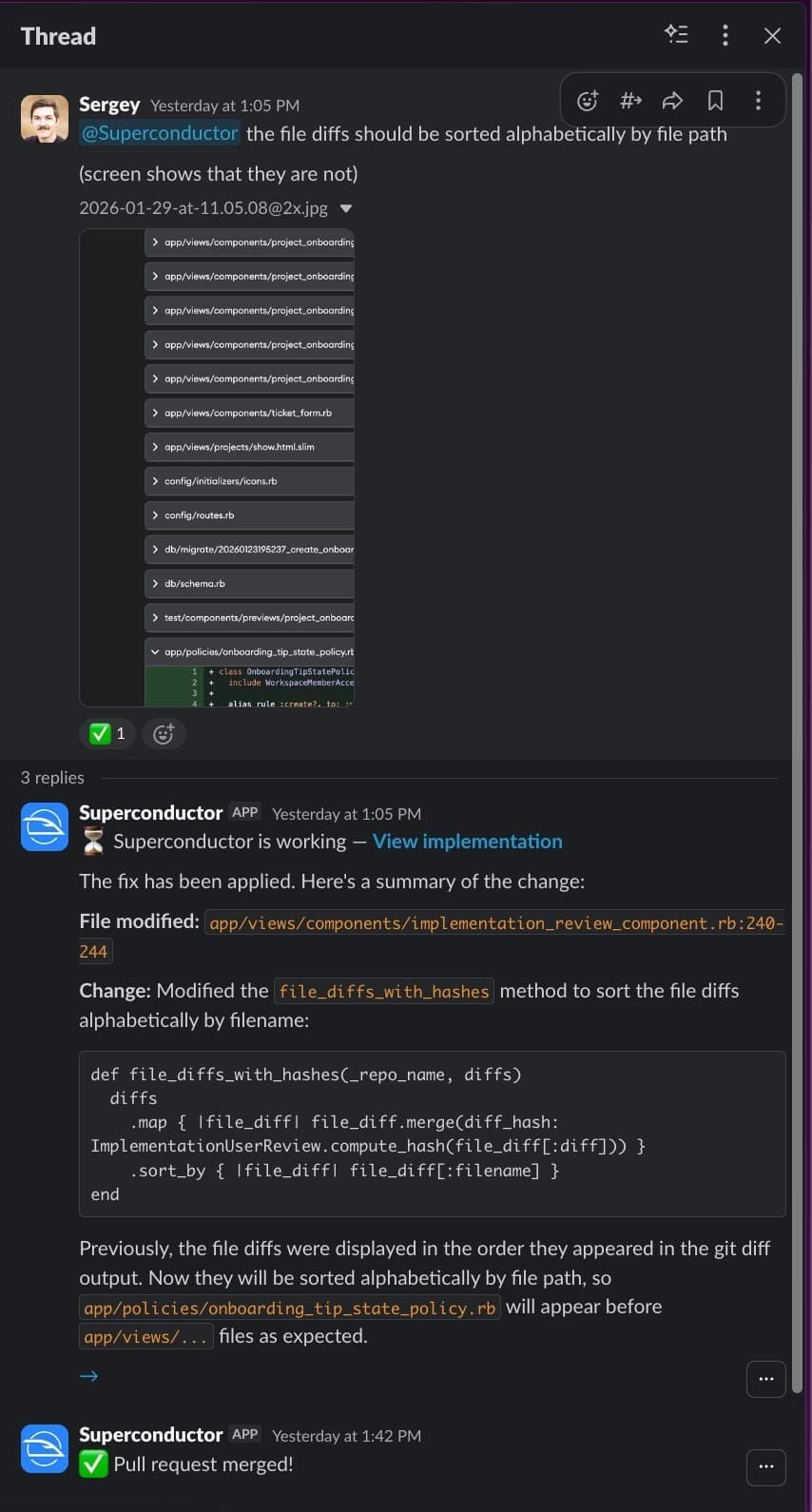 Example of Superconductor posting updates in a Slack thread, including a green checkmark emoji on the original message