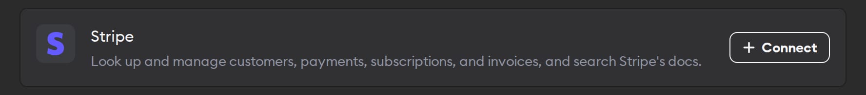 The Stripe connector in Workspace Settings, for customers, payments, subscriptions, and invoices, with a Connect button