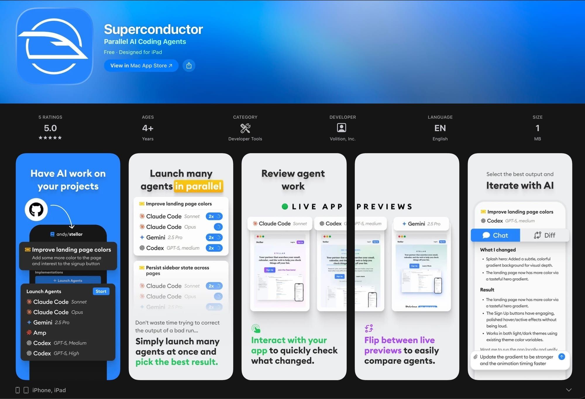 Superconductor iOS App Store page showing mobile app features including parallel agents and live previews