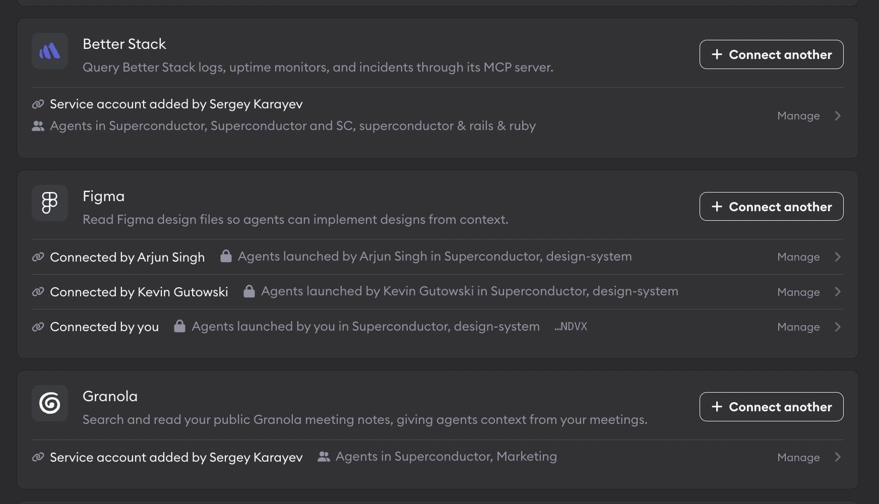 Better Stack and Granola with shared team connections, and Figma with three personal connections