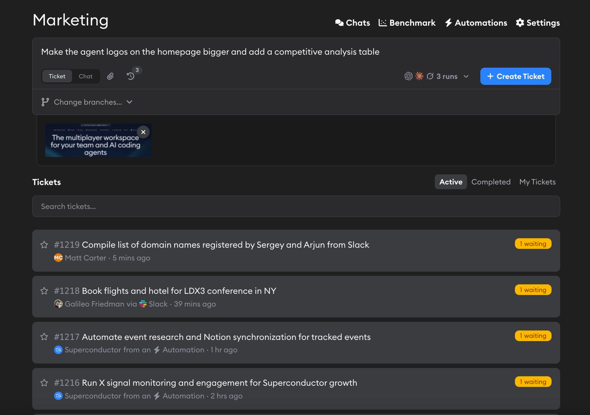 Project page showing the Chats, Benchmark, Automations, and Settings links, the ticket form with the Ticket/Chat toggle, and a list of active tickets