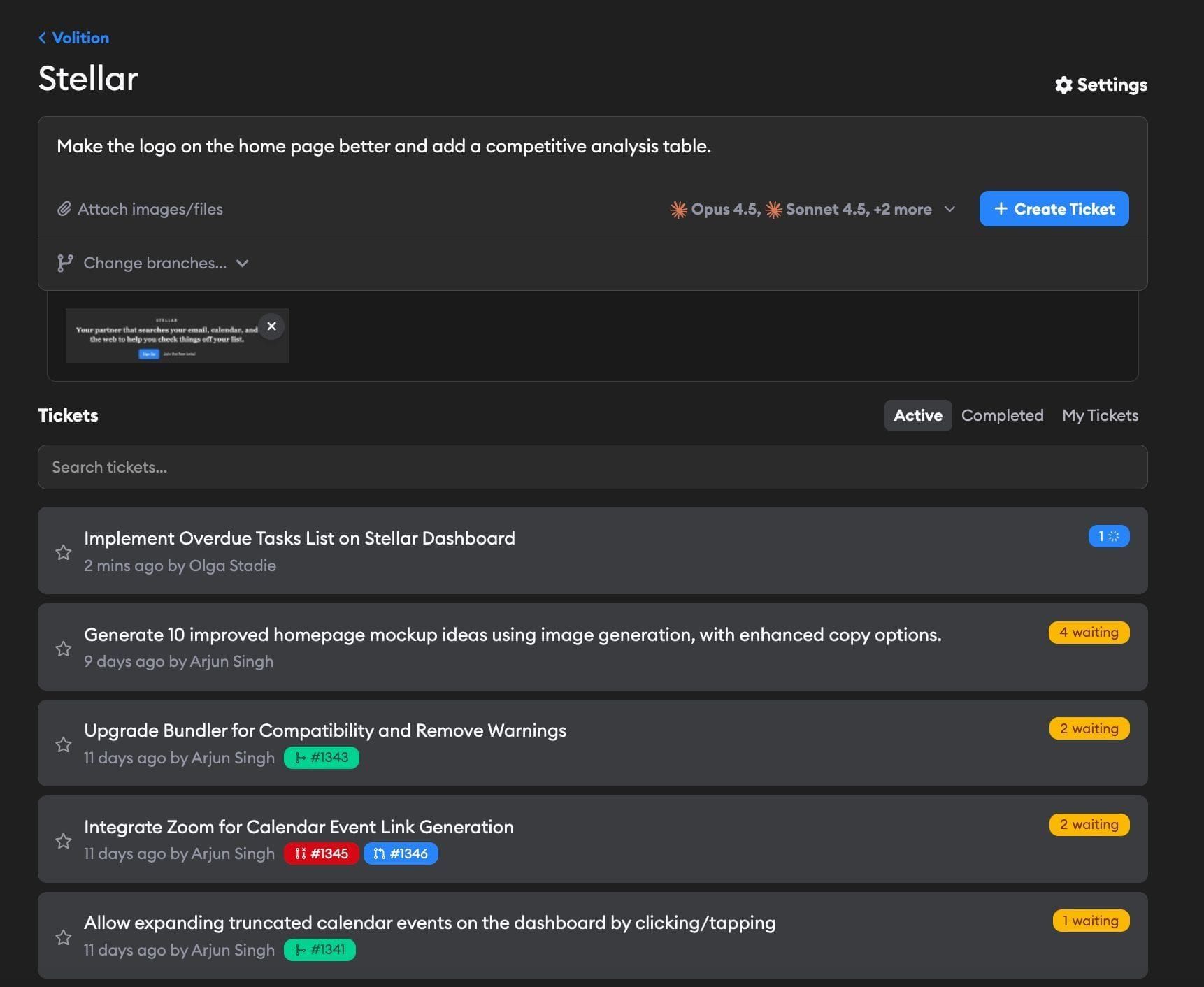 Ticket dashboard showing active tickets with status indicators and search functionality
