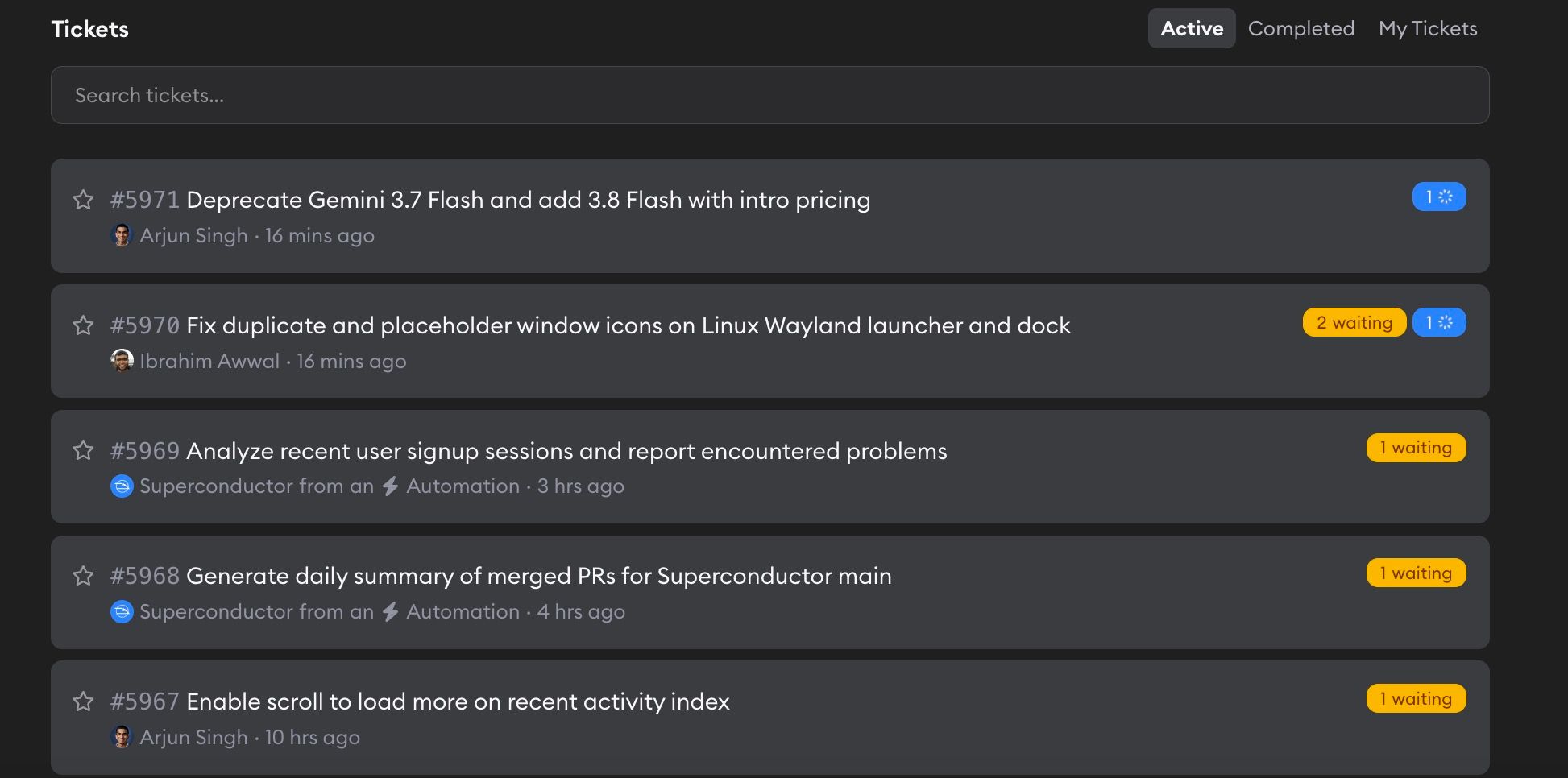 Ticket dashboard showing active tickets with filter tabs and search