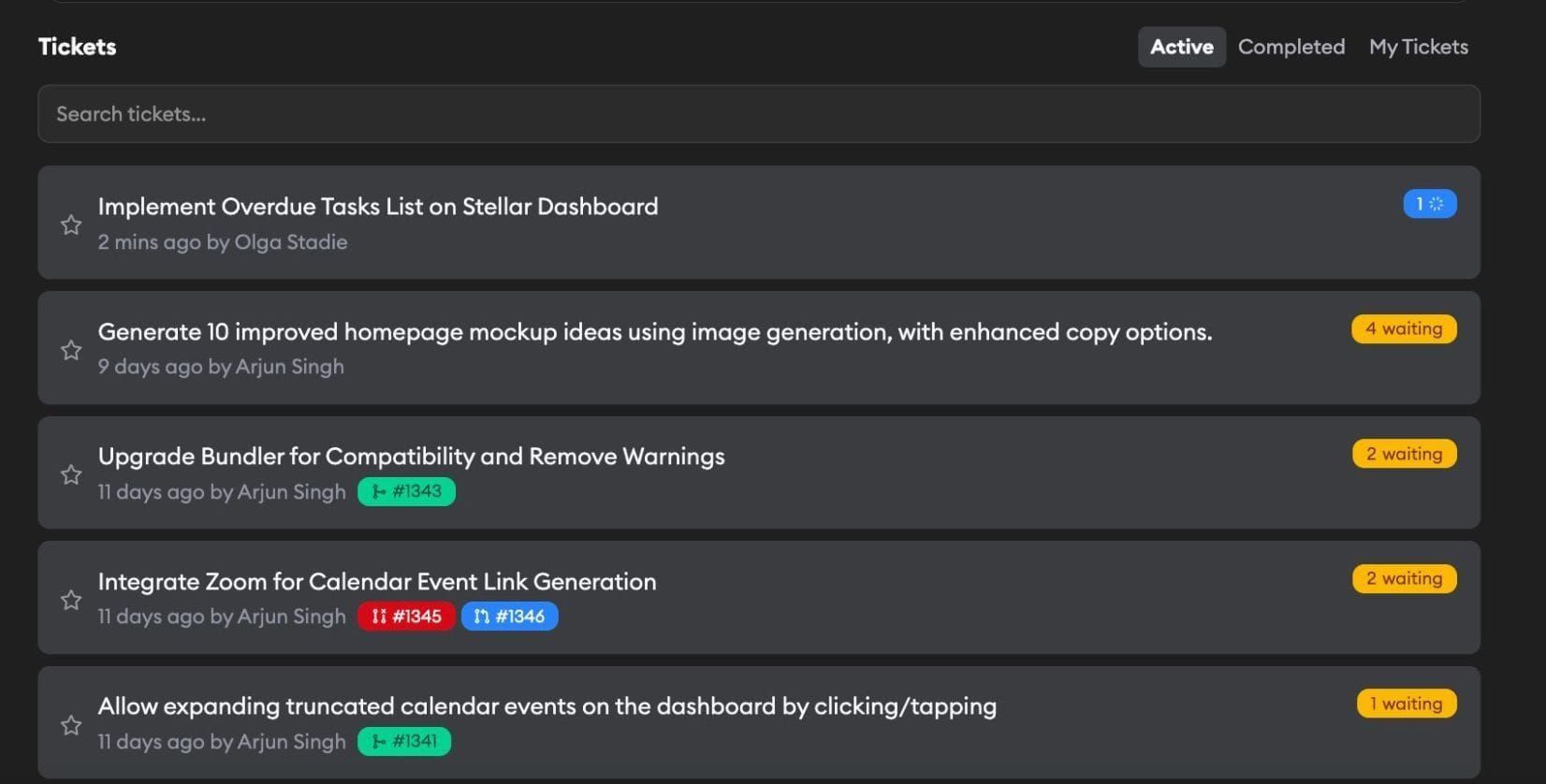 Ticket dashboard showing active tickets with filter tabs and search