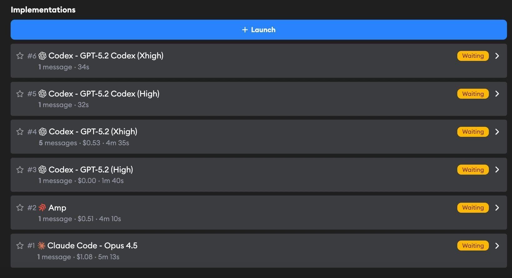 Ticket dashboard showing multiple implementations with status, messages, cost, and run time