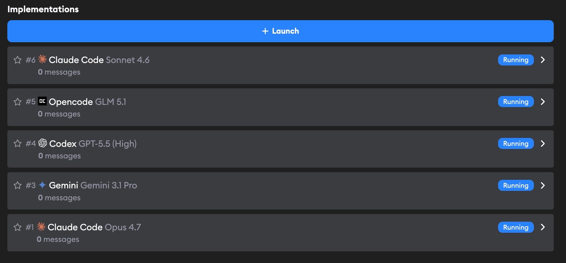Ticket dashboard showing multiple implementations with status, messages, cost, and run time