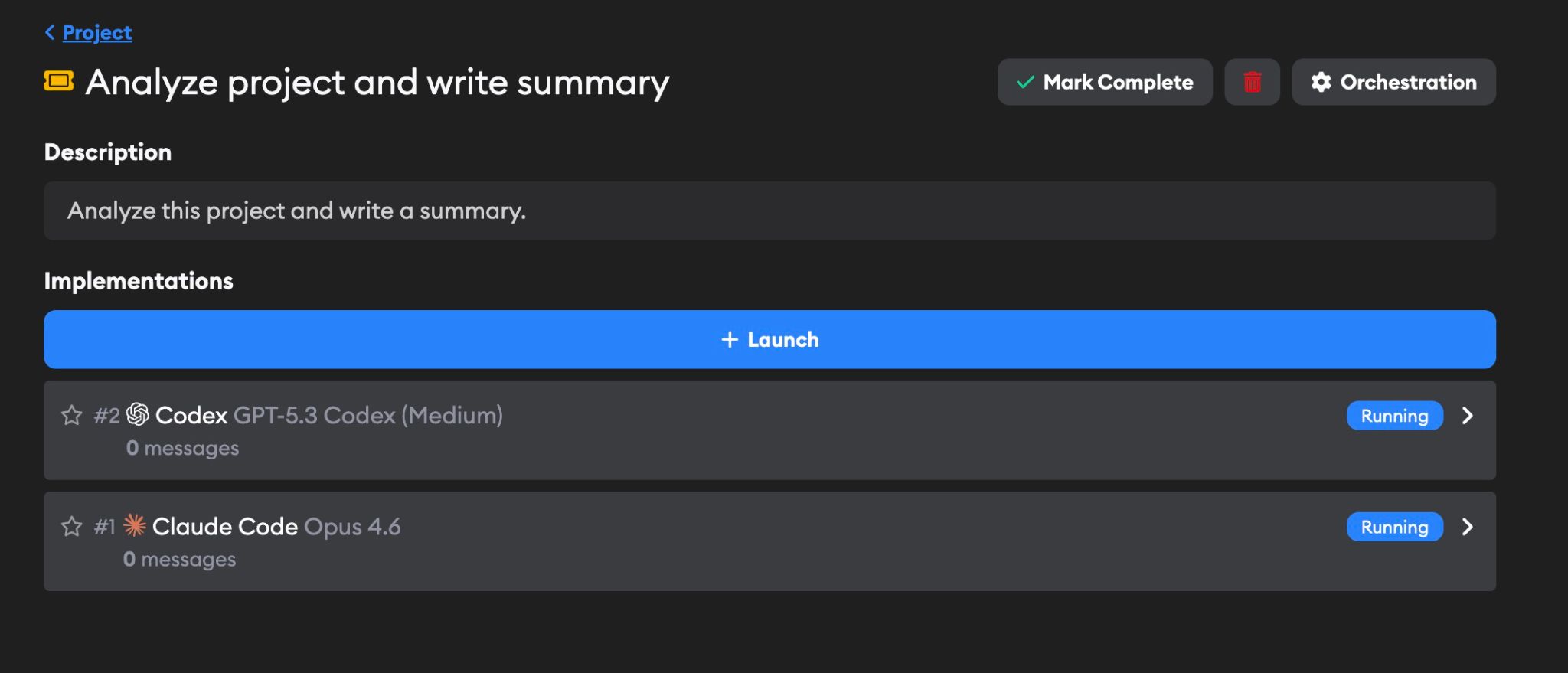 Ticket view showing running implementations from Claude Code Opus 4.6 and Codex GPT-5.3