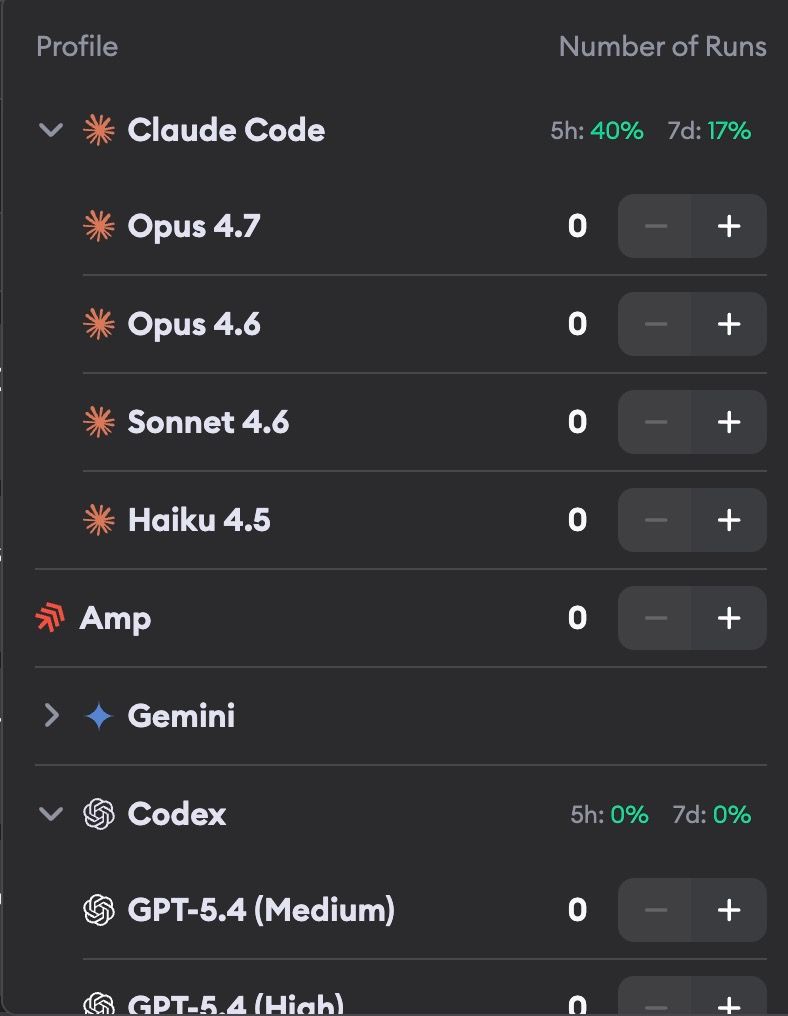Profile selector showing usage stats with 5-hour and 7-day rate limit utilization for Claude Code and Codex