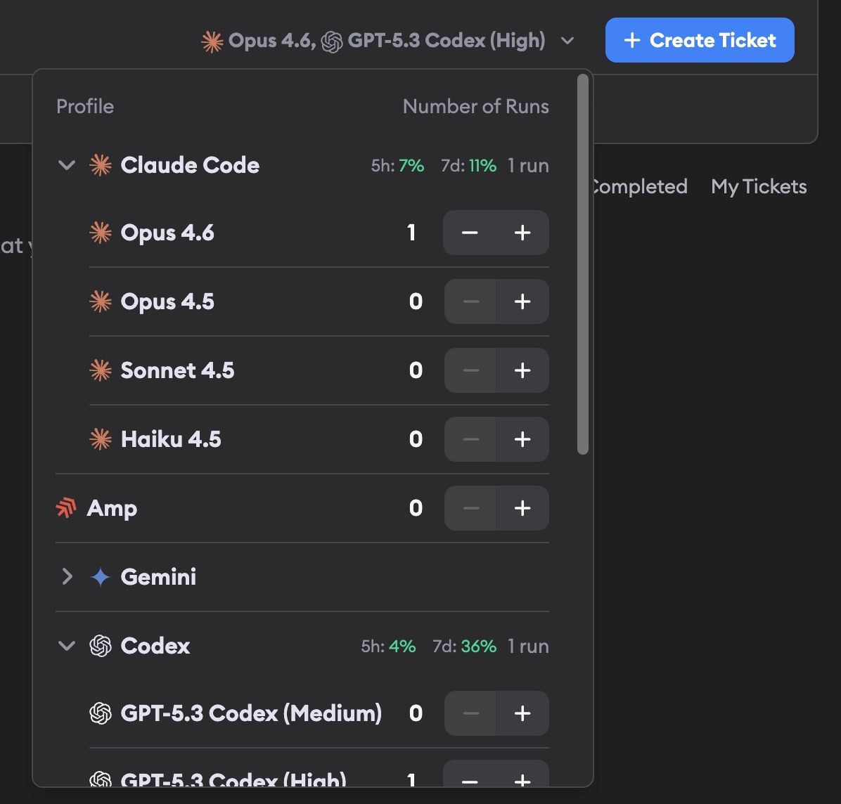 Profile selector showing usage stats with 5-hour and 7-day rate limit utilization for Claude Code and Codex