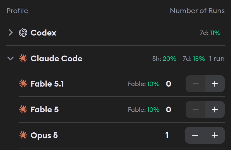 Profile selector showing a single 7-day number for Codex on a ChatGPT Pro plan, 5-hour and 7-day numbers for Claude Code, and the same Fable indicator on both the Fable 5.1 and Fable 5 rows