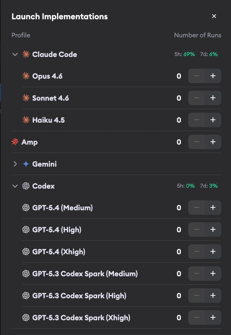 Profile selector showing usage stats with 5-hour and 7-day rate limit utilization for Claude Code and Codex