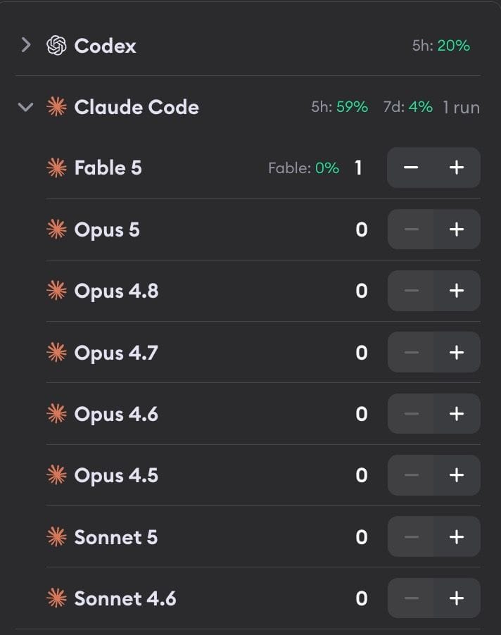 Profile selector showing usage stats with 5-hour and 7-day rate limit utilization for Claude Code and Codex, plus a Fable indicator on the Fable 5 row