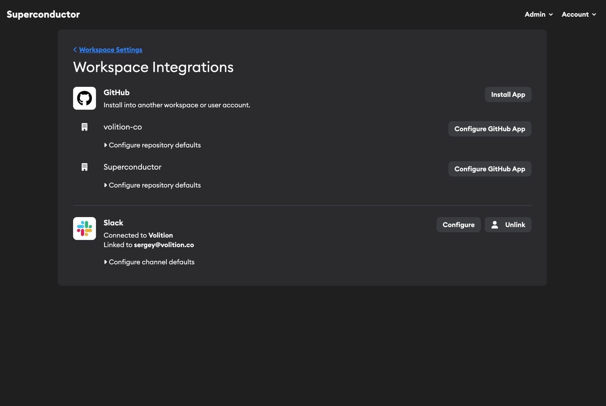 Workspace integrations showing GitHub organizations and Slack connection configured