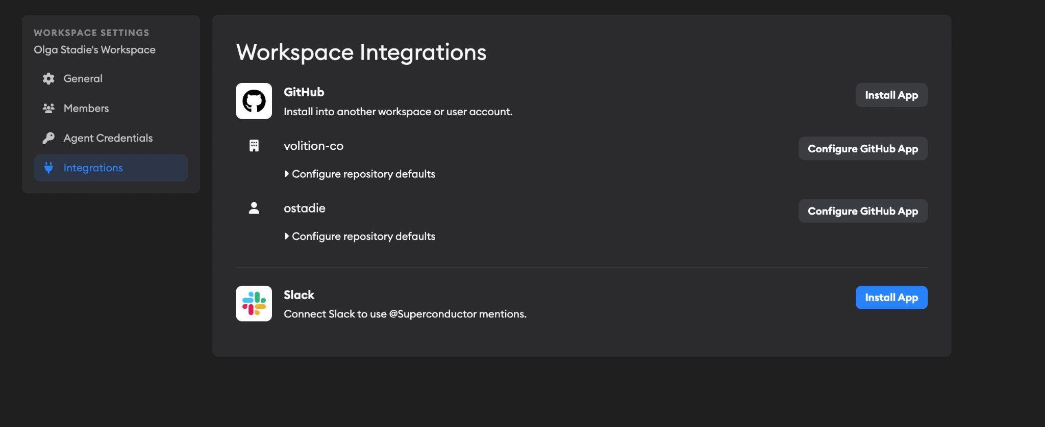 Workspace integrations showing GitHub organizations and Slack connection configured