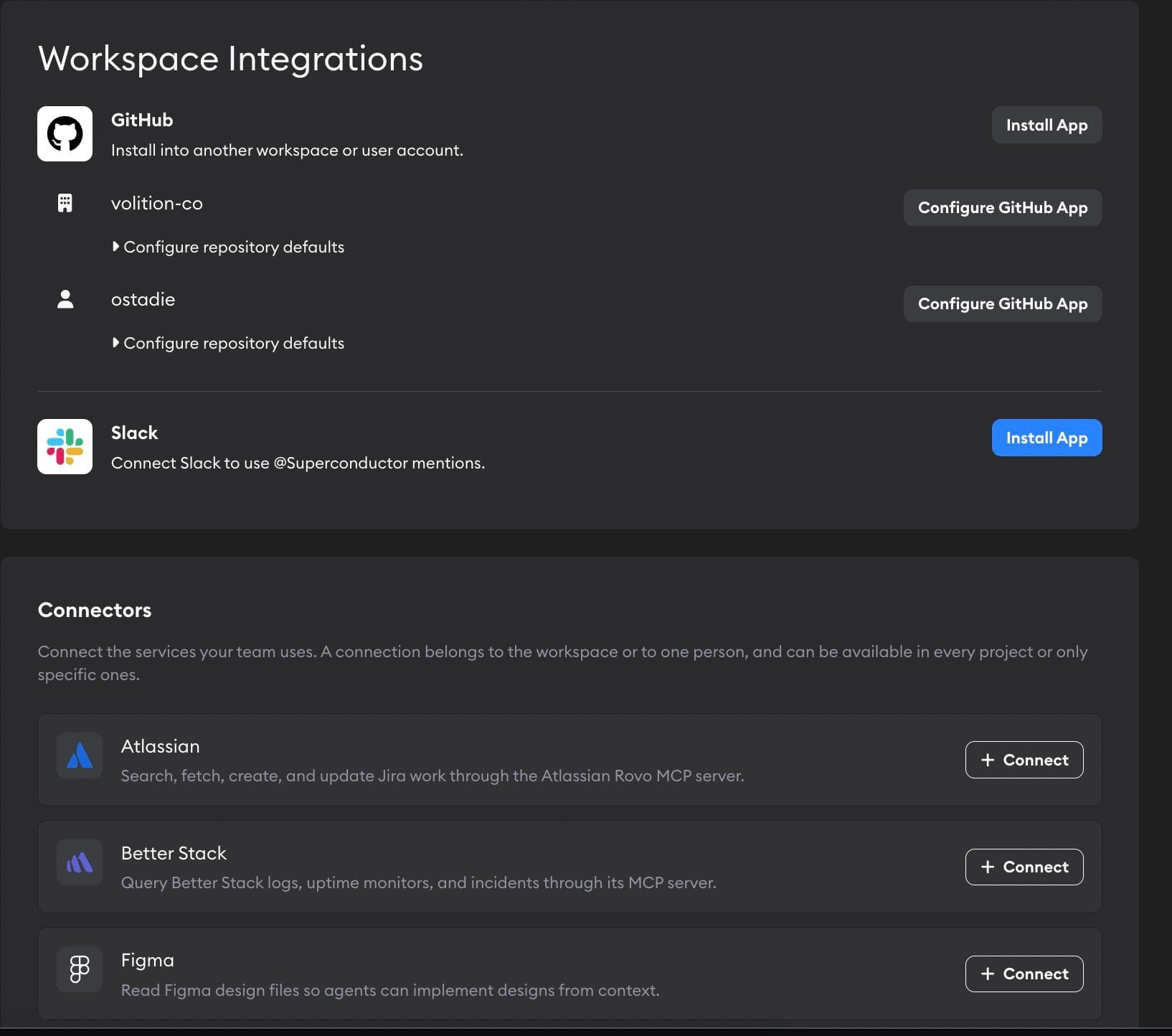 Workspace Integrations showing GitHub, Slack, and Connectors