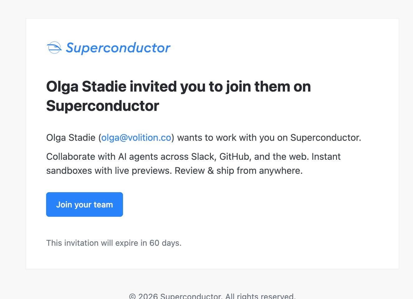 Workspace invitation email with a link to join the team