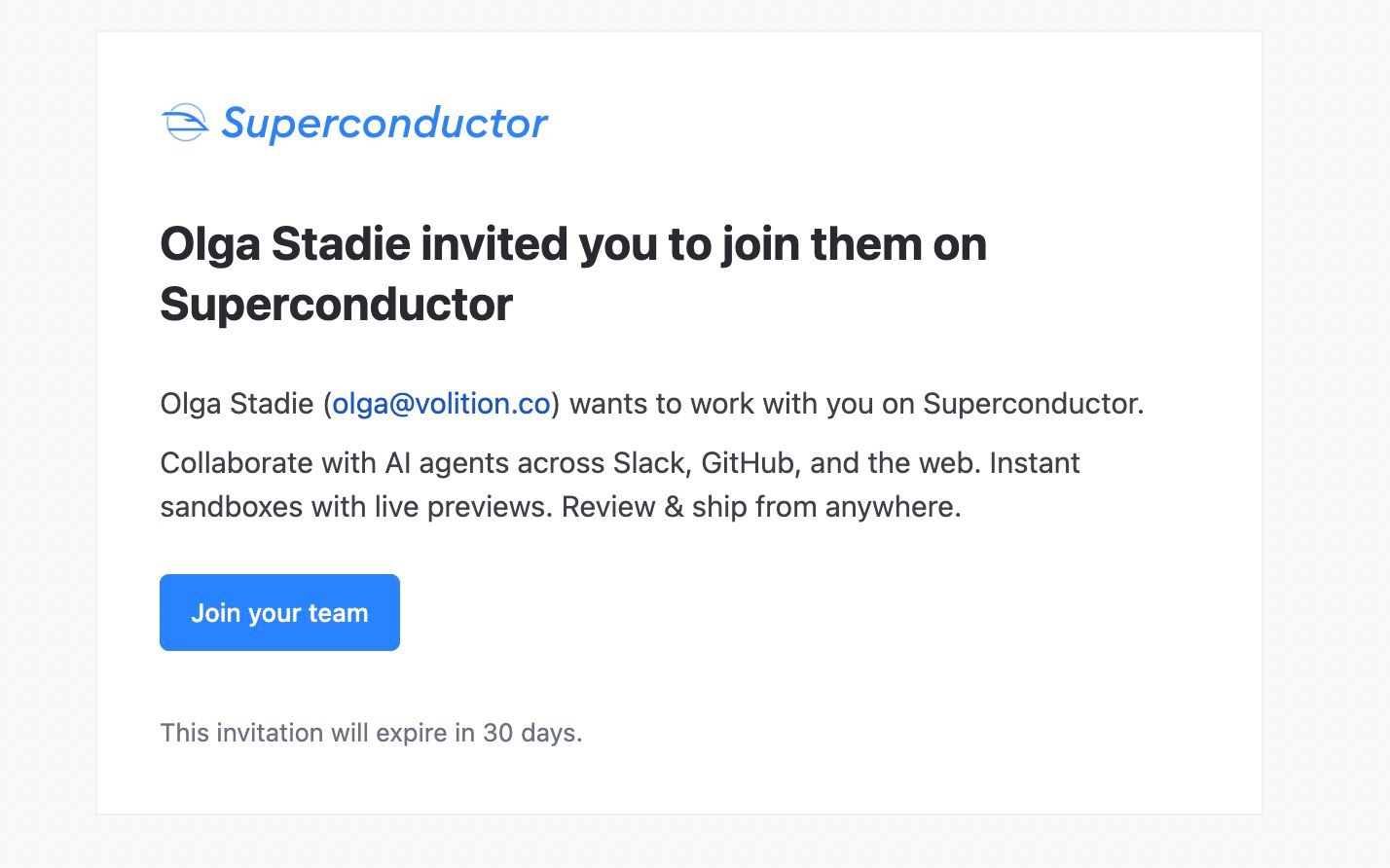 Workspace invitation email with a link to join the team