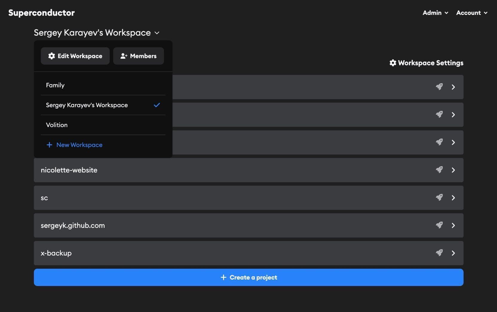 Workspace overview showing projects and workspace switcher