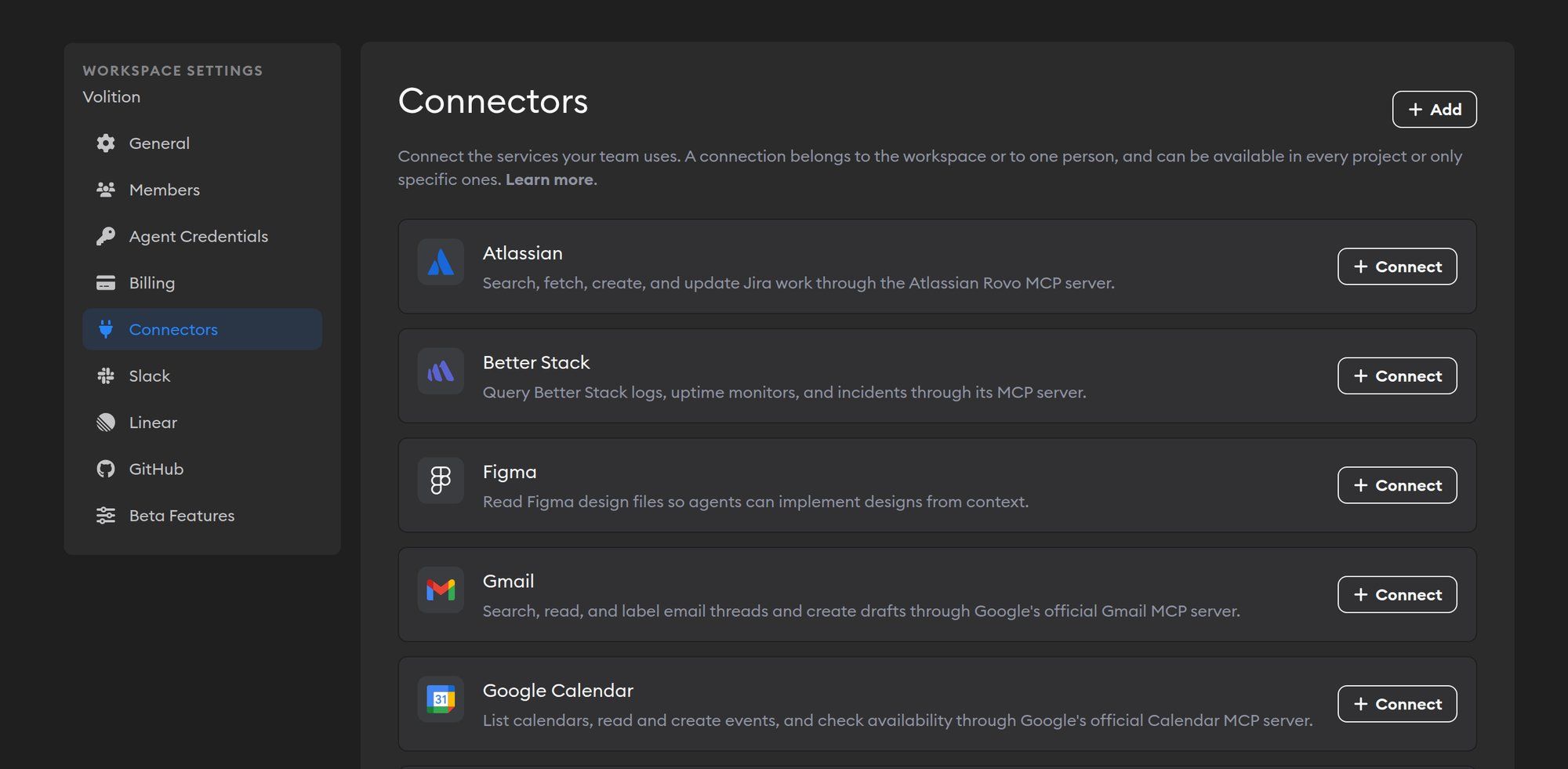 Workspace Settings Connectors page, with Slack, Linear, and GitHub in the sidebar
