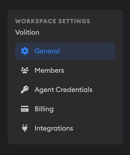 Workspace Settings sidebar showing General, Members, Agent Credentials, Billing, and Integrations navigation