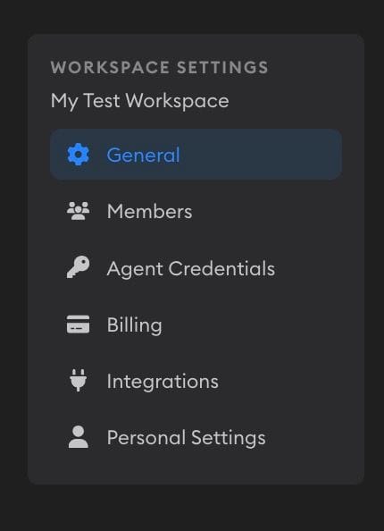 Workspace Settings sidebar showing General, Members, Agent Credentials, Billing, Integrations, and Personal Settings navigation