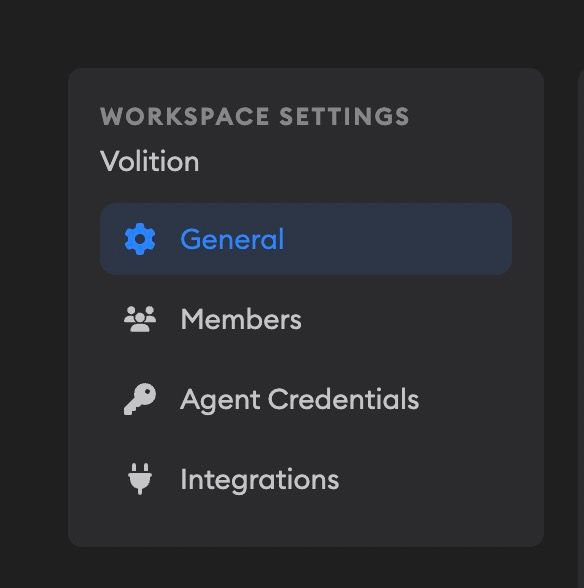 Workspace Settings sidebar showing General, Members, Agent Credentials, and Integrations navigation