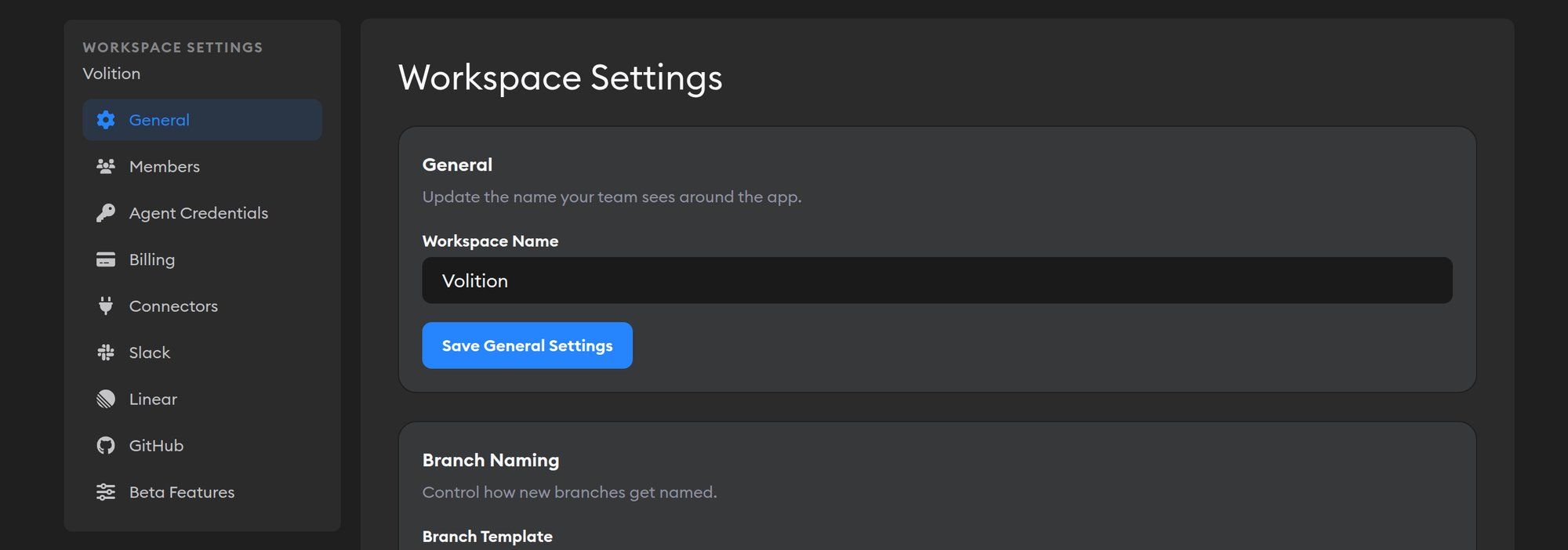 Workspace Settings page showing sidebar navigation and General settings