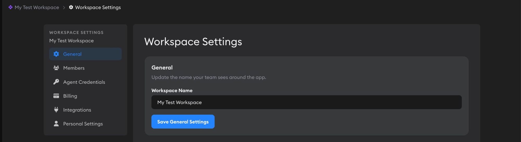 Workspace Settings page showing sidebar navigation and General settings