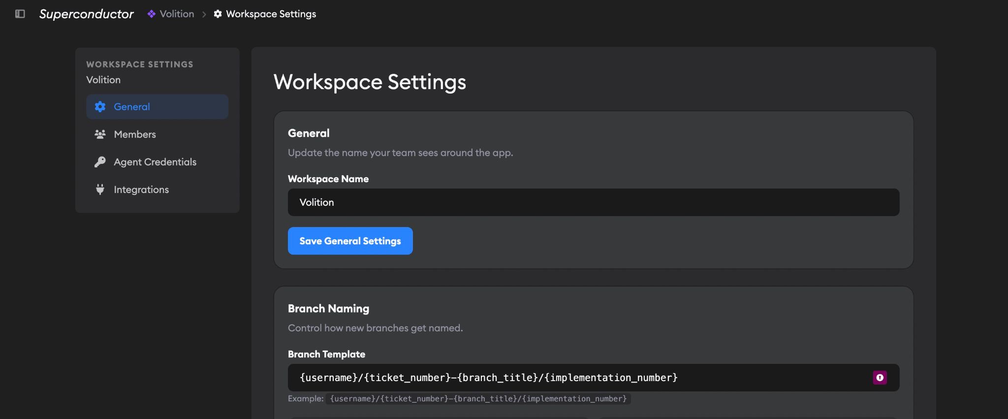 Workspace Settings page showing sidebar navigation and General settings