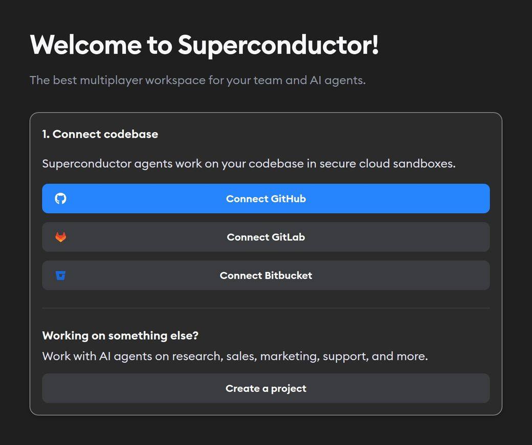 Connect codebase step in workspace setup, with Connect GitHub, Connect GitLab, and Connect Bitbucket buttons, and a Create a project button under Working on something else?