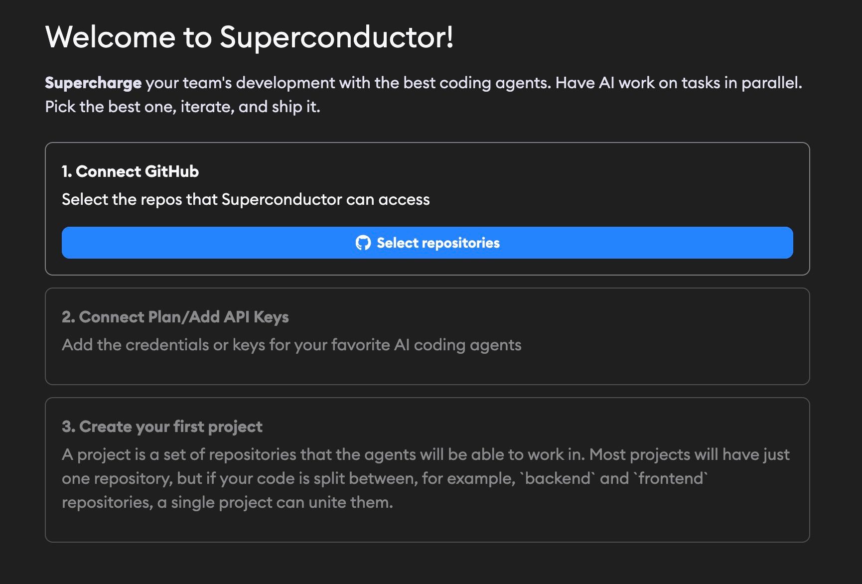 Workspace setup wizard showing three steps: Connect GitHub, Add API Keys, and Create Project