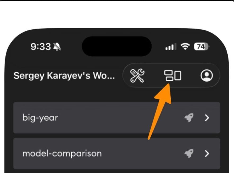 Workspace switcher on mobile app with arrow pointing to workspaces icon