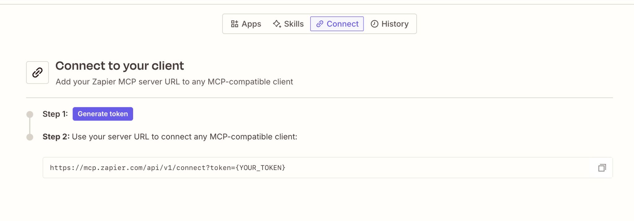 Zapier MCP Connect tab showing where to generate a token